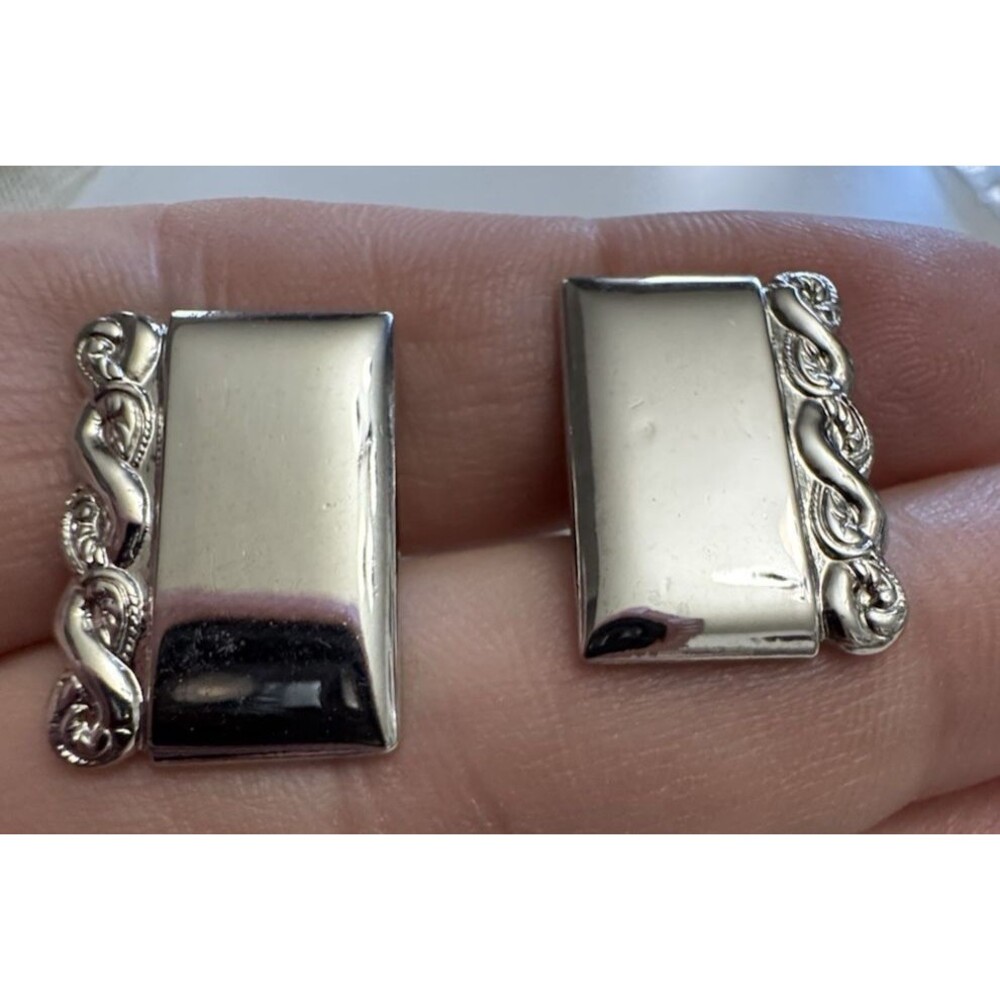 Silver Tone Rectangle Cufflinks Rope Edge Design 1 Inch - Picture 3 of 5